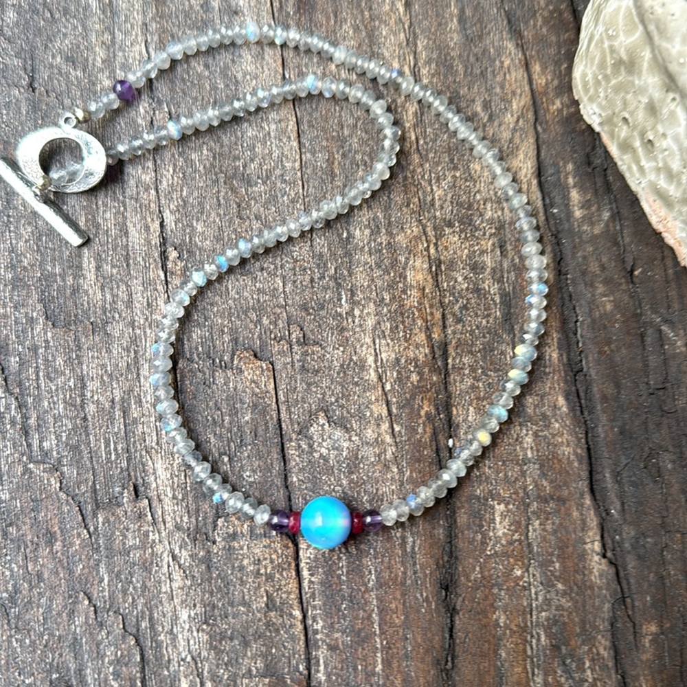 Handmade Labradorite& Fire opal necklace with Amethyst and Garnet sterling clasp